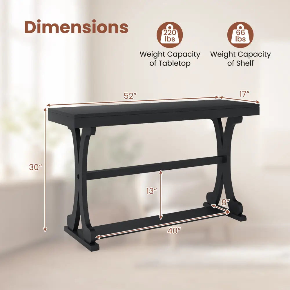 Narrow Console Table Vintage 52 Inch Long with Open Storage Shelf-Black - Black - Console Tables