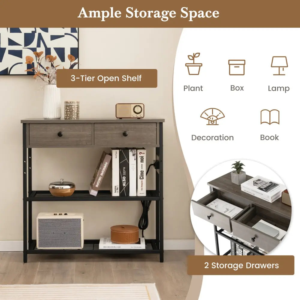 Narrow Console Table with 2 Drawers and 2 Metal Mesh Shelves-Gray - Gray - Console Tables