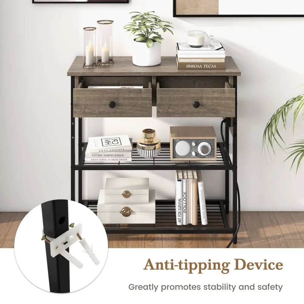 Narrow Console Table with 2 Drawers and 2 Metal Mesh Shelves-Gray - Gray - Console Tables