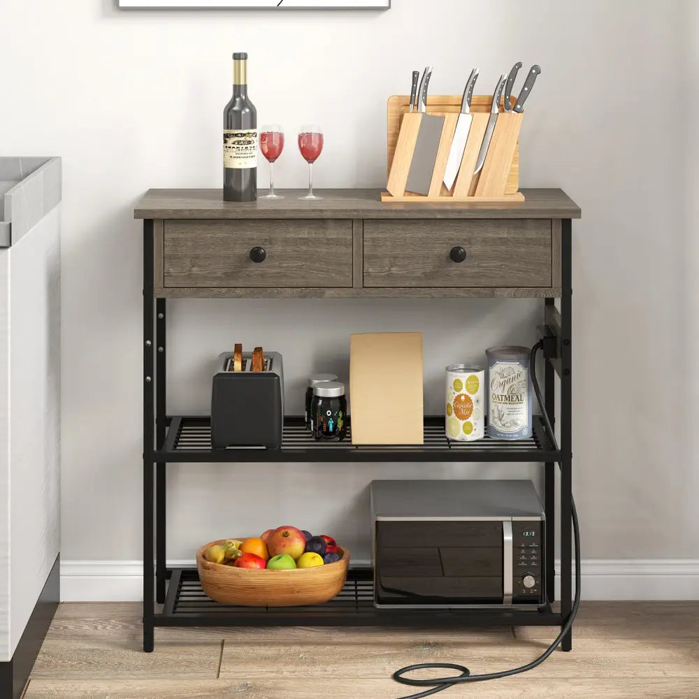 Narrow Console Table with 2 Drawers and 2 Metal Mesh Shelves-Gray - Gray - Console Tables