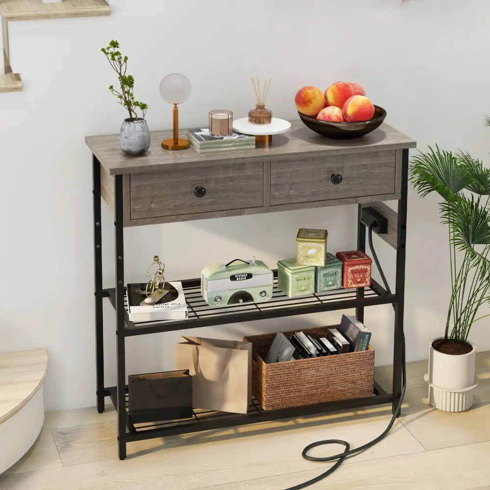 Narrow Console Table with 2 Drawers and 2 Metal Mesh Shelves-Gray - Gray - Console Tables