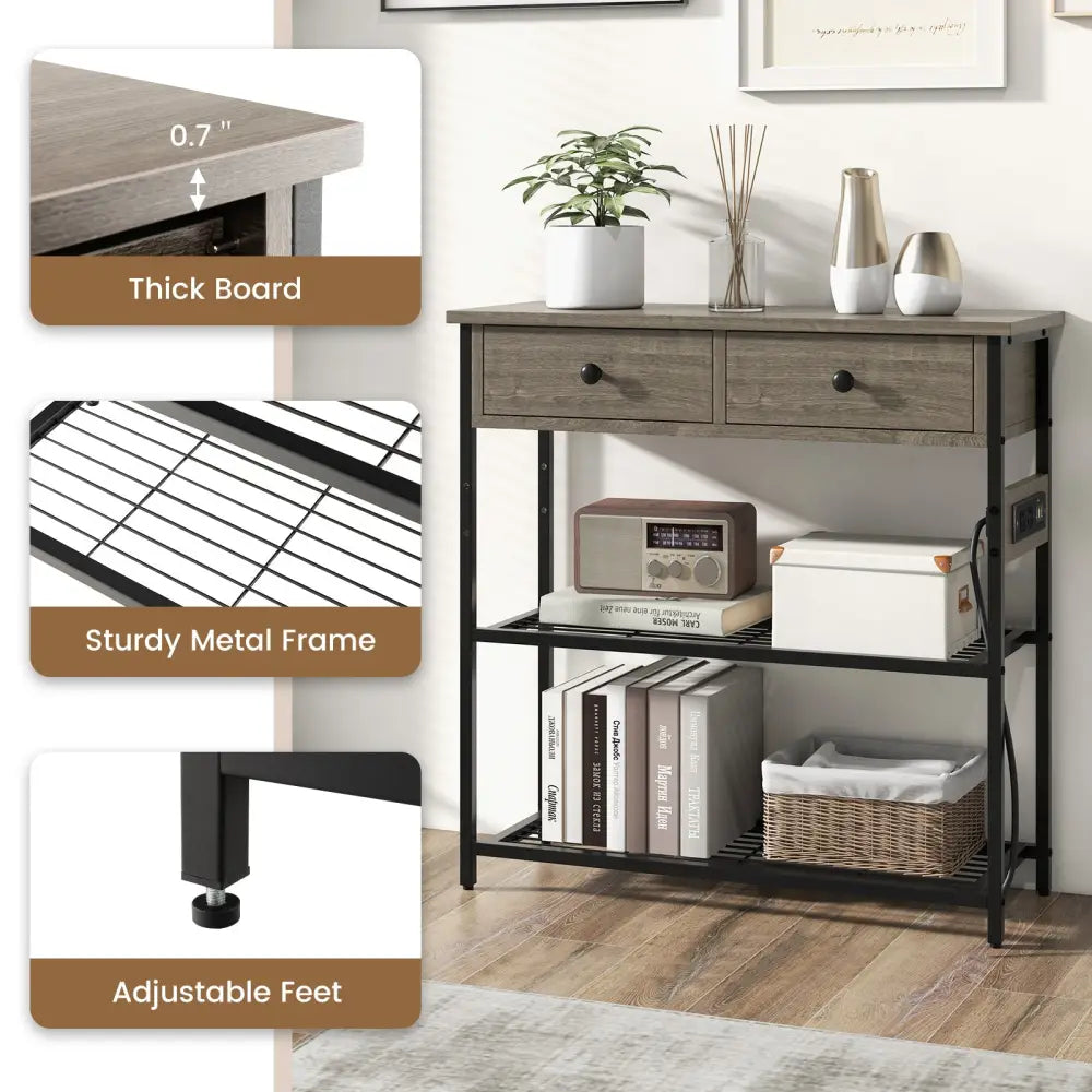 Narrow Console Table with 2 Drawers and 2 Metal Mesh Shelves-Gray - Gray - Console Tables