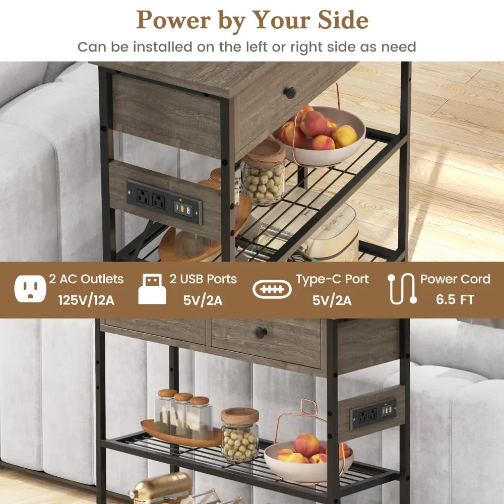 Narrow Console Table with 2 Drawers and 2 Metal Mesh Shelves-Gray - Gray - Console Tables
