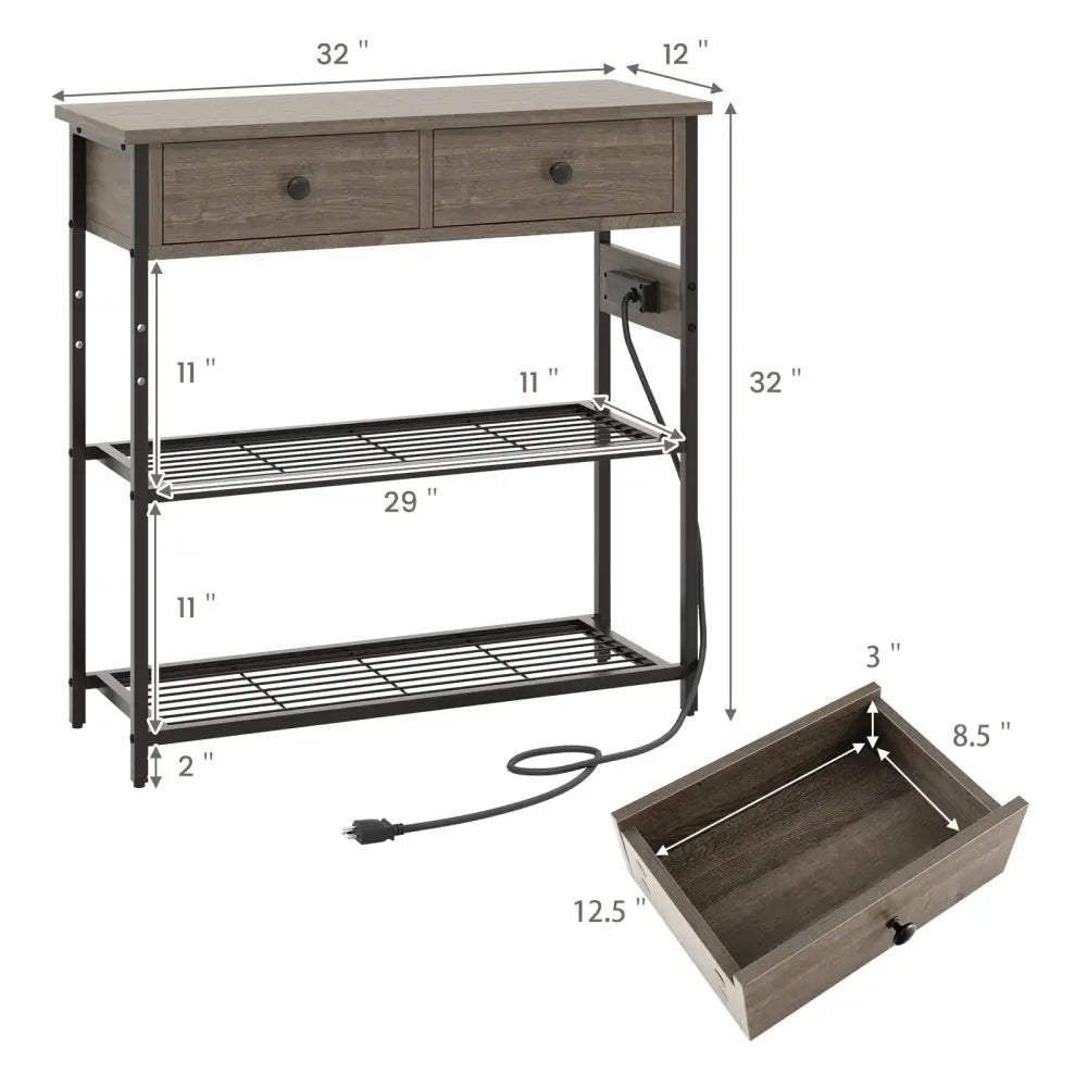 Narrow Console Table with 2 Drawers and 2 Metal Mesh Shelves-Gray - Gray - Console Tables