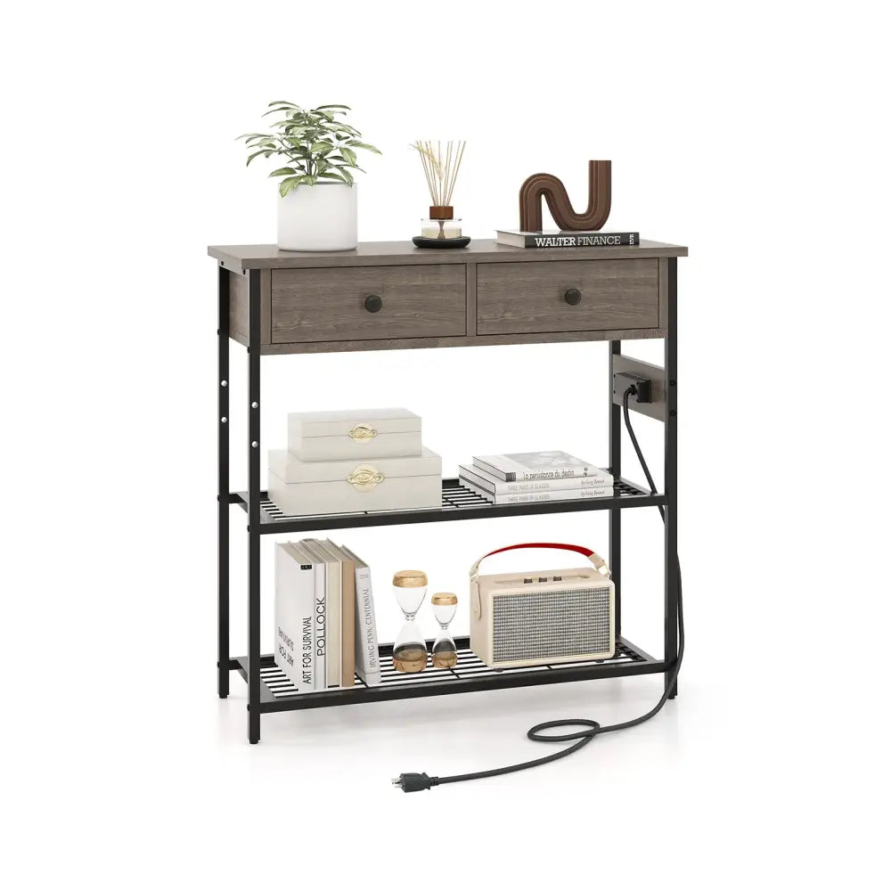 Narrow Console Table with 2 Drawers and 2 Metal Mesh Shelves-Gray - Gray - Console Tables