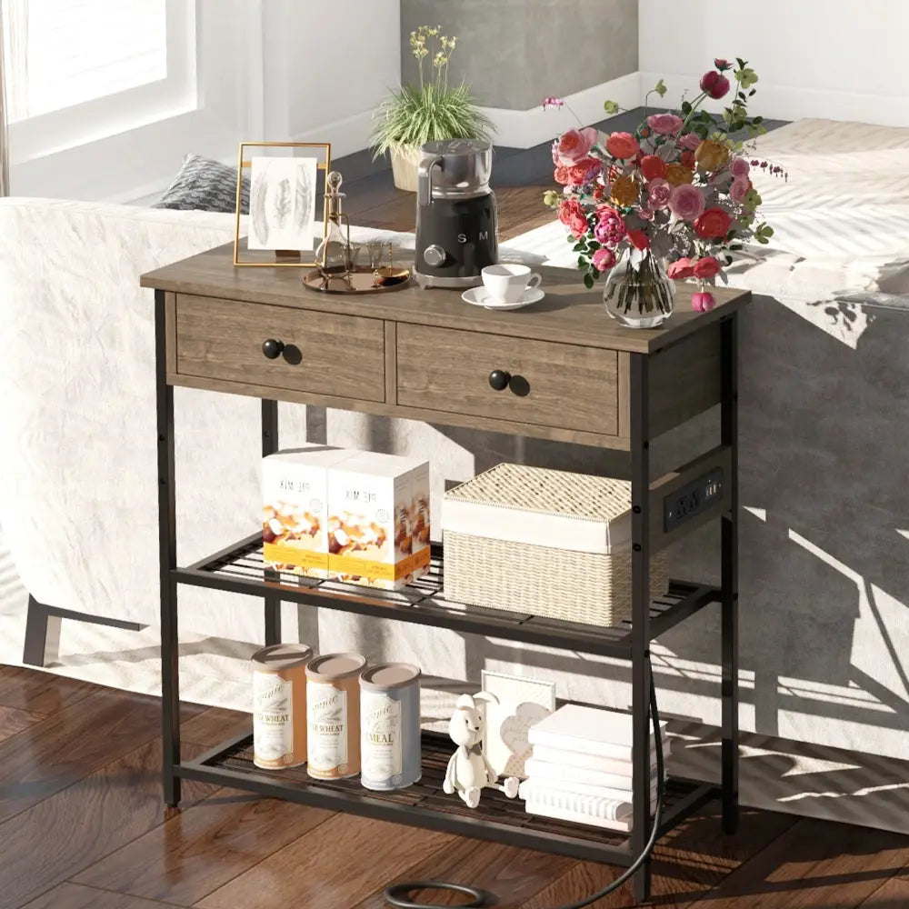 Narrow Console Table with 2 Drawers and 2 Metal Mesh Shelves-Gray - Gray - Console Tables