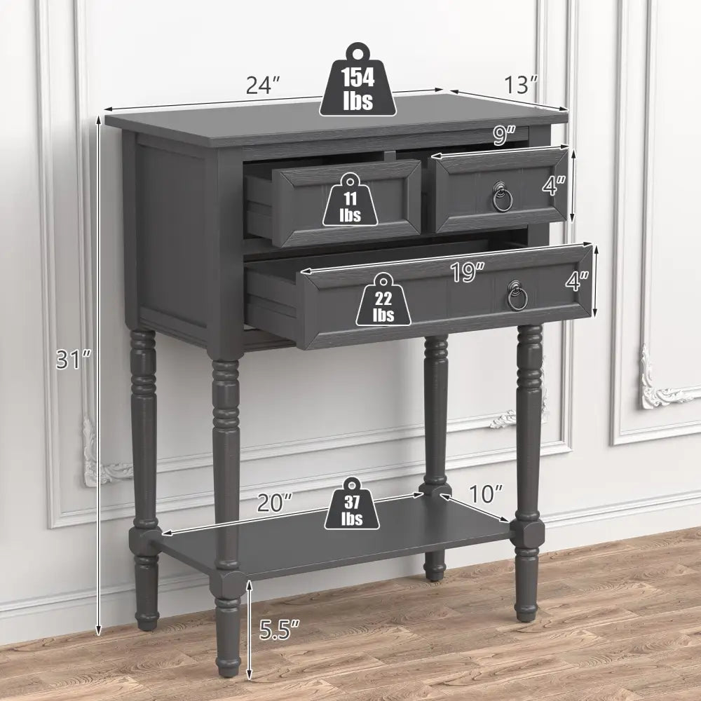 Narrow Console Table with 3 Storage Drawers and Open Bottom Shelf - Dark Gray - Console Tables
