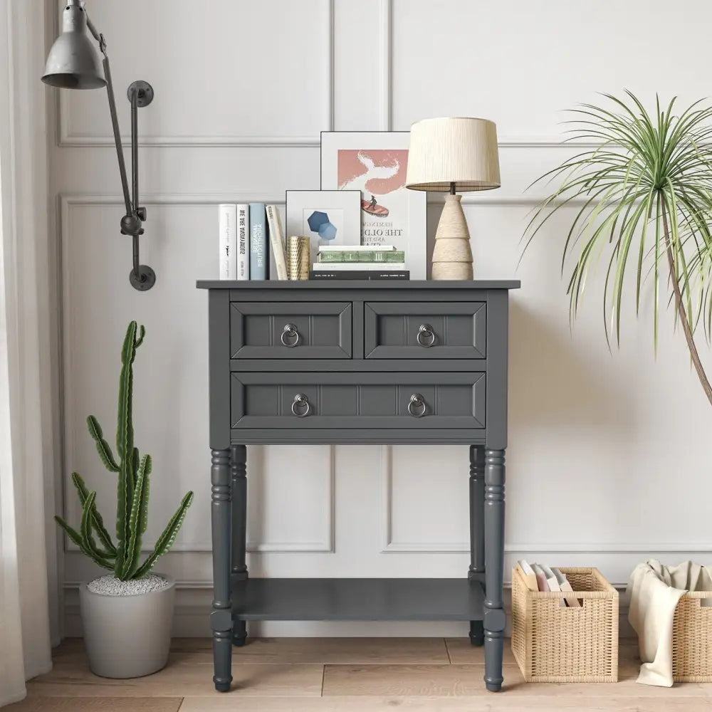 Narrow Console Table with 3 Storage Drawers and Open Bottom Shelf - Dark Gray - Console Tables