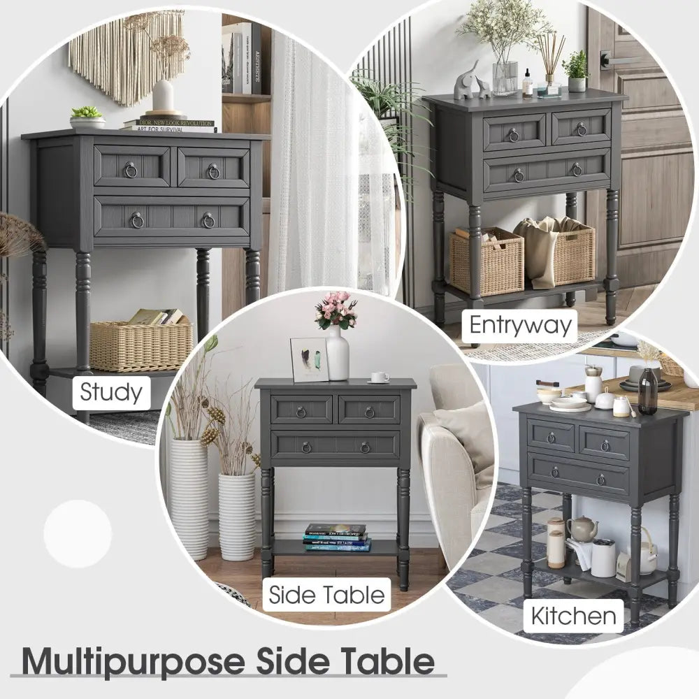 Narrow Console Table with 3 Storage Drawers and Open Bottom Shelf - Dark Gray - Console Tables