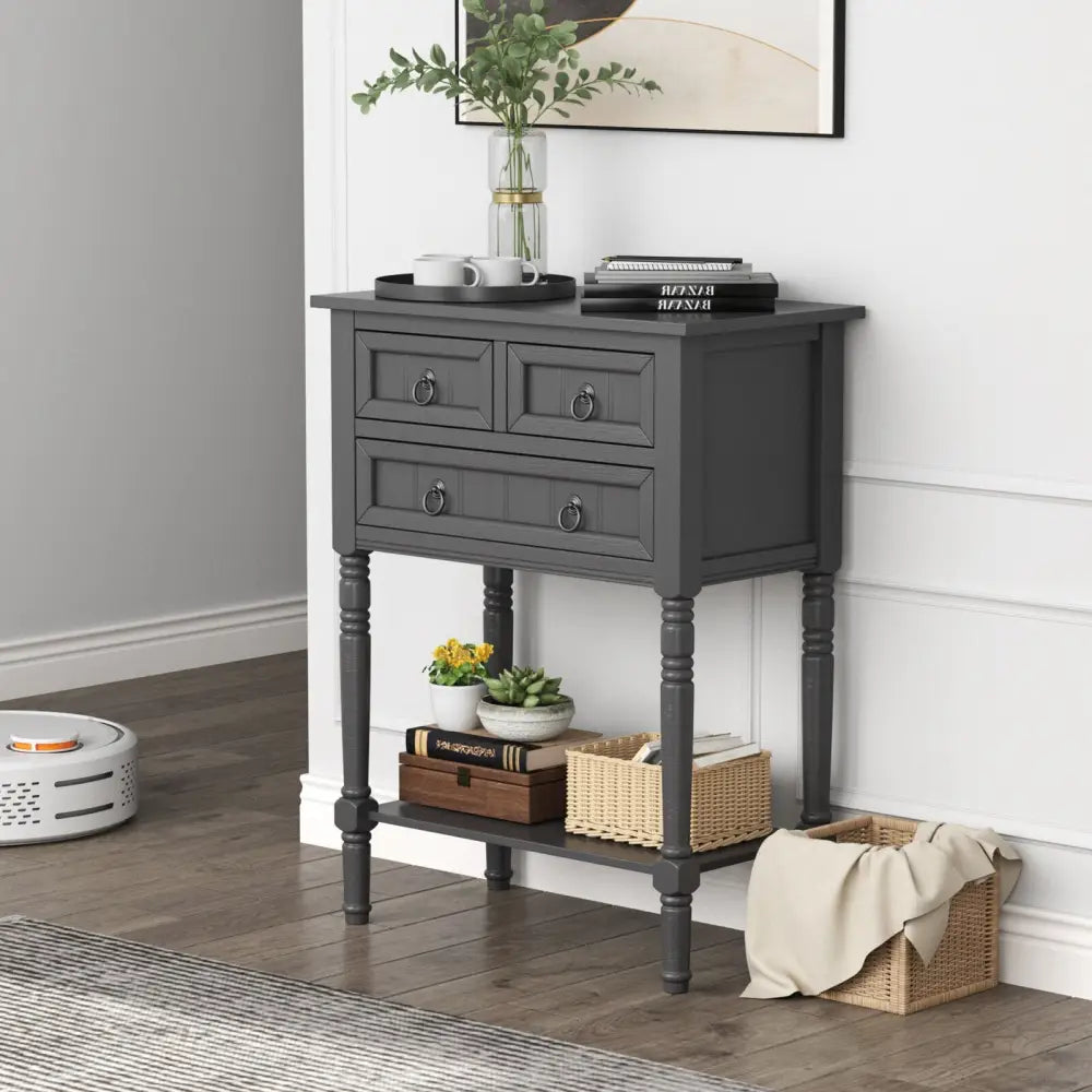 Narrow Console Table with 3 Storage Drawers and Open Bottom Shelf - Dark Gray - Console Tables