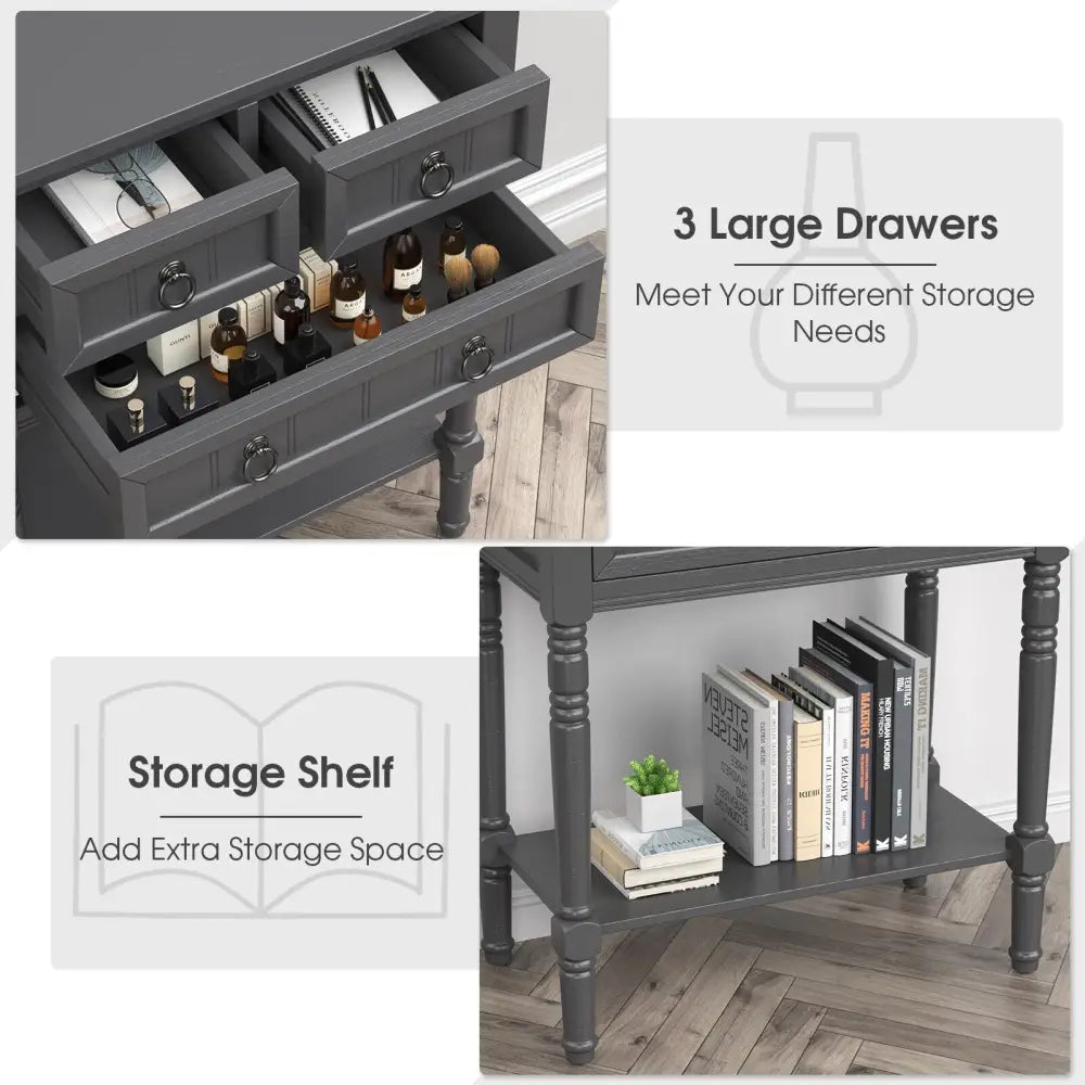Narrow Console Table with 3 Storage Drawers and Open Bottom Shelf - Dark Gray - Console Tables