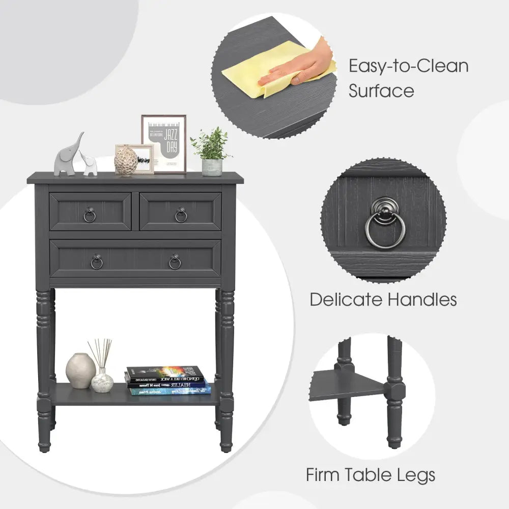 Narrow Console Table with 3 Storage Drawers and Open Bottom Shelf - Dark Gray - Console Tables