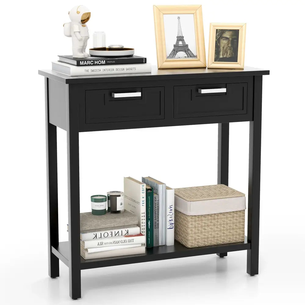 Narrow Console Table with Drawers and Open Storage Shelf-Black - Black - Console Tables