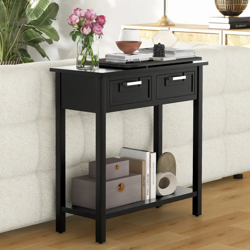 Narrow Console Table with Drawers and Open Storage Shelf-Black - Black - Console Tables