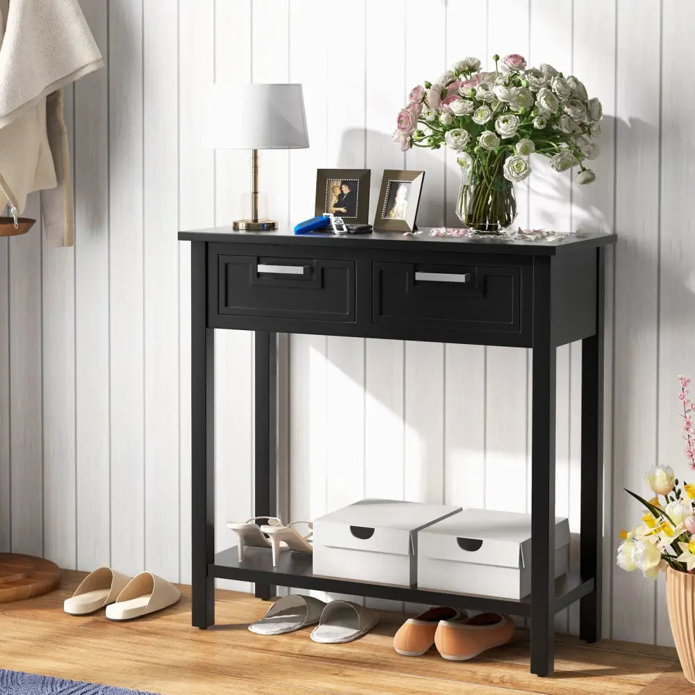 Narrow Console Table with Drawers and Open Storage Shelf-Black - Black - Console Tables