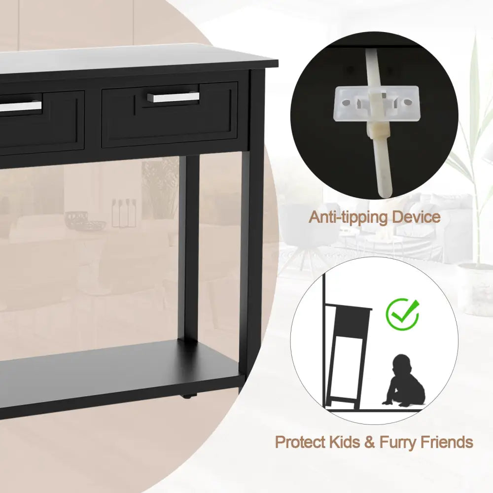 Narrow Console Table with Drawers and Open Storage Shelf-Black - Black - Console Tables