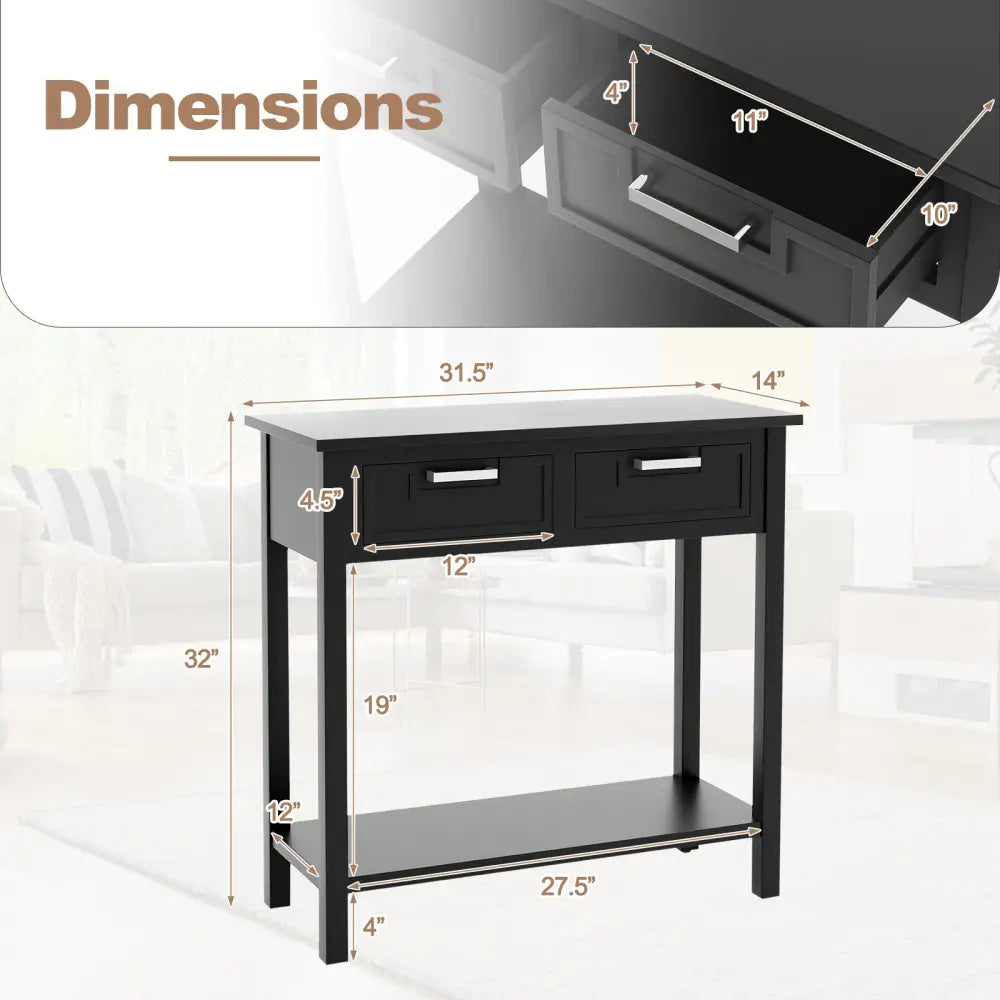 Narrow Console Table with Drawers and Open Storage Shelf-Black - Black - Console Tables