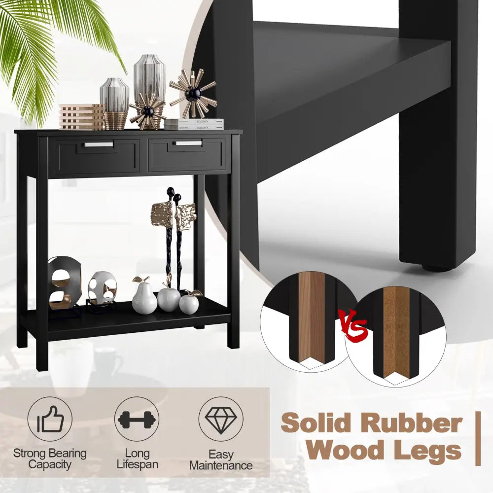Narrow Console Table with Drawers and Open Storage Shelf-Black - Black - Console Tables