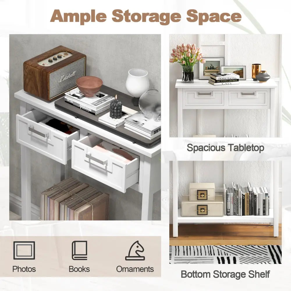 Narrow Console Table with Drawers and Open Storage Shelf-White - White - Console Tables