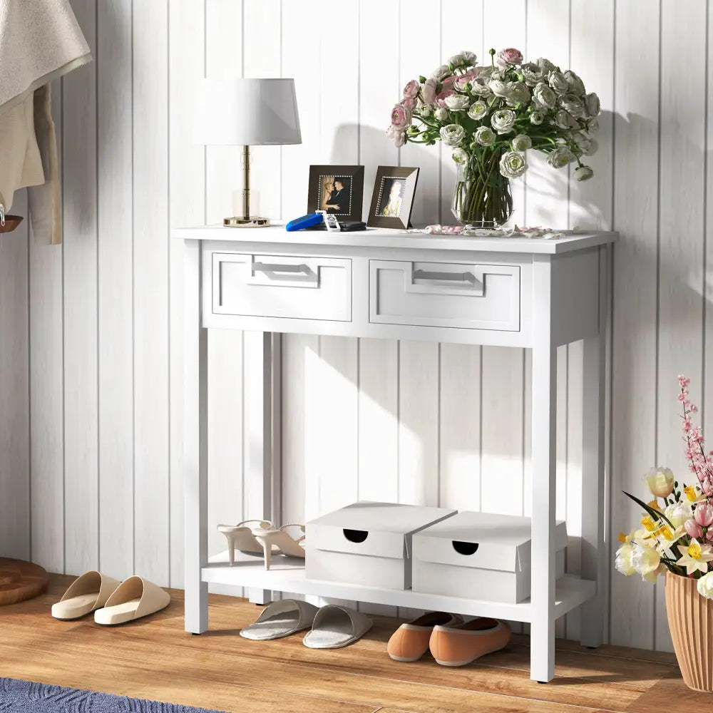 Narrow Console Table with Drawers and Open Storage Shelf-White - White - Console Tables