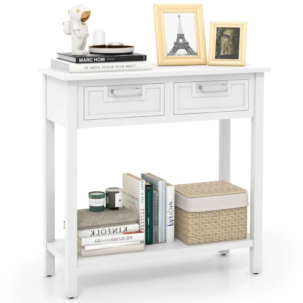 Narrow Console Table with Drawers and Open Storage Shelf-White - White - Console Tables