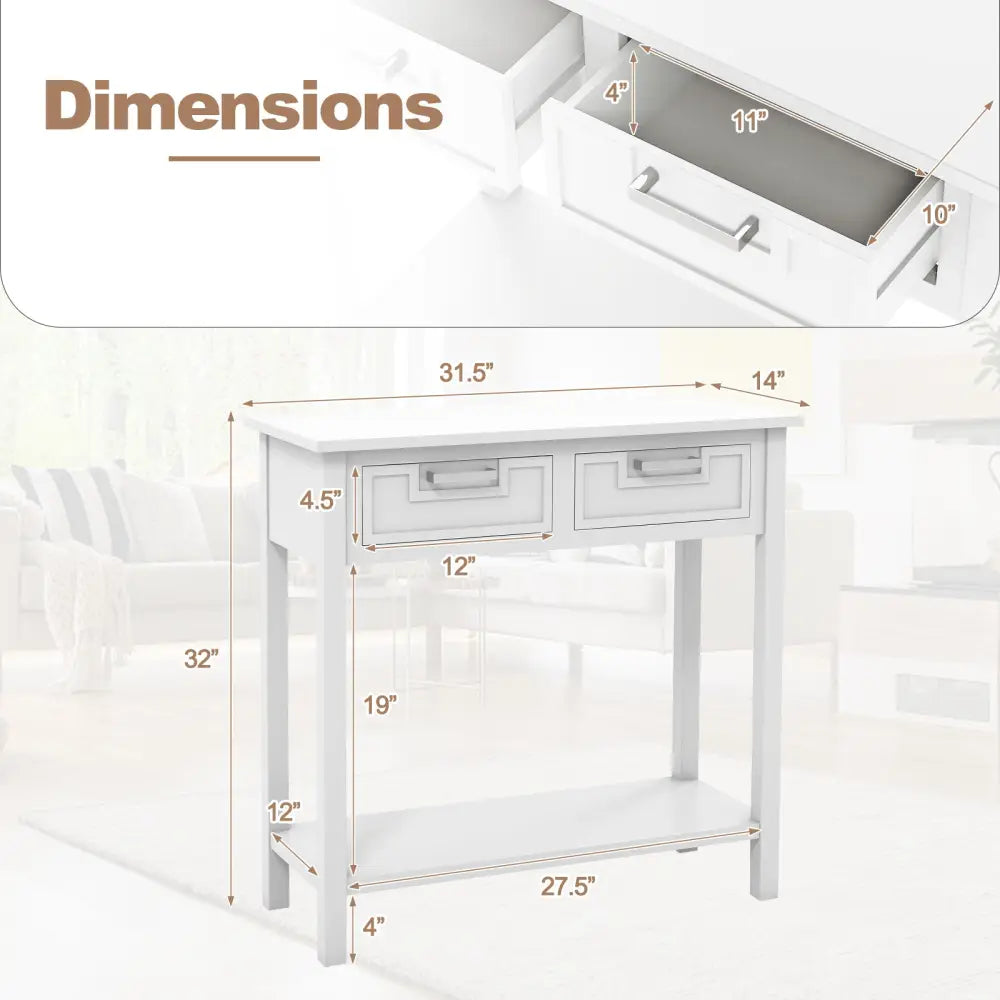 Narrow Console Table with Drawers and Open Storage Shelf-White - White - Console Tables