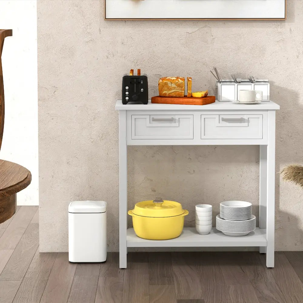 Narrow Console Table with Drawers and Open Storage Shelf-White - White - Console Tables