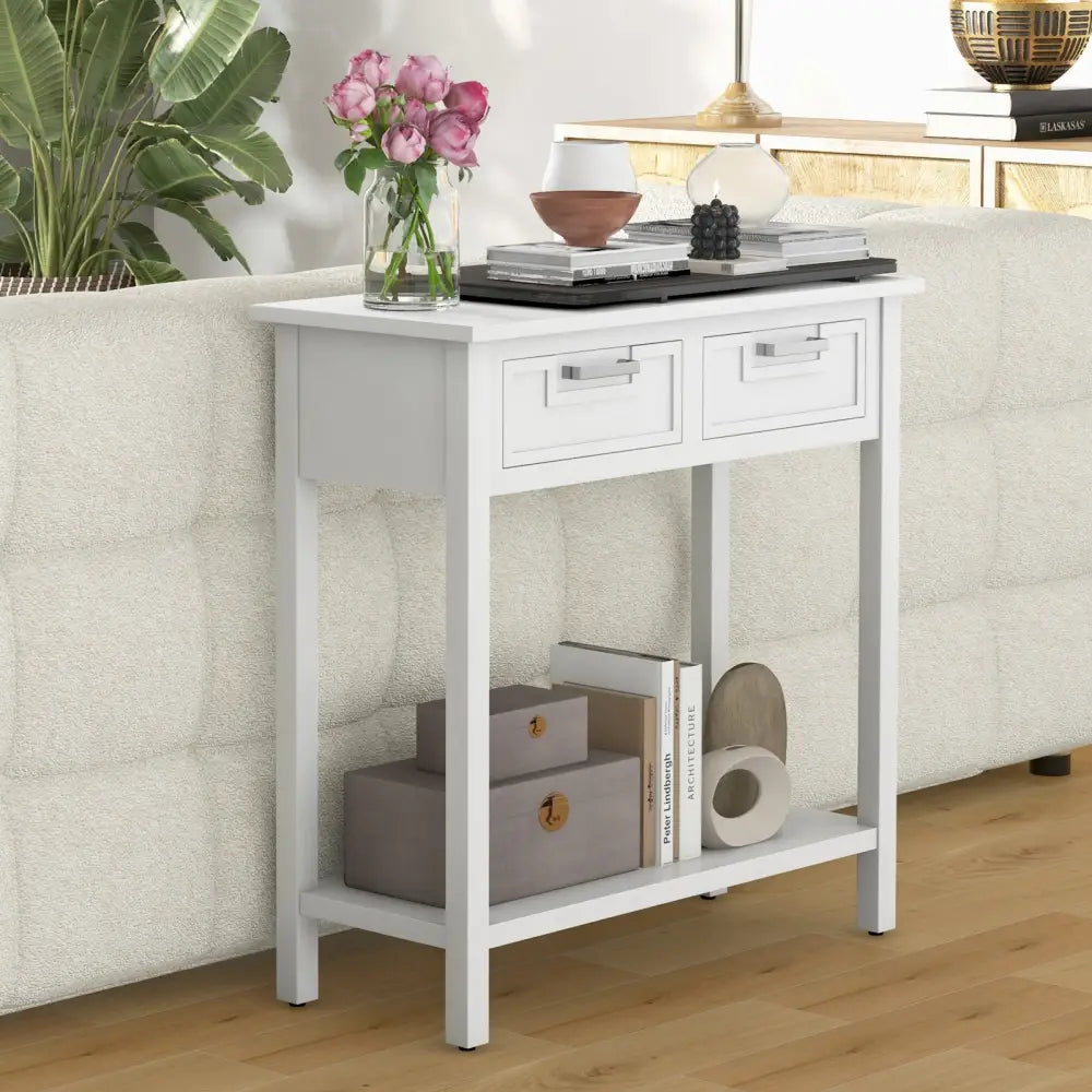 Narrow Console Table with Drawers and Open Storage Shelf-White - White - Console Tables