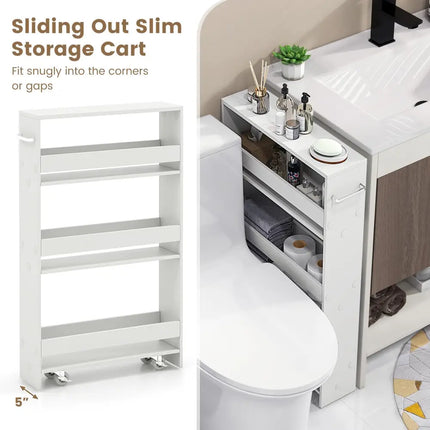 Narrow Mobile Serving Cart with Open Shelves for Kitchen Bathroom Living Room-Off White - Off White - Kitchen Islands &