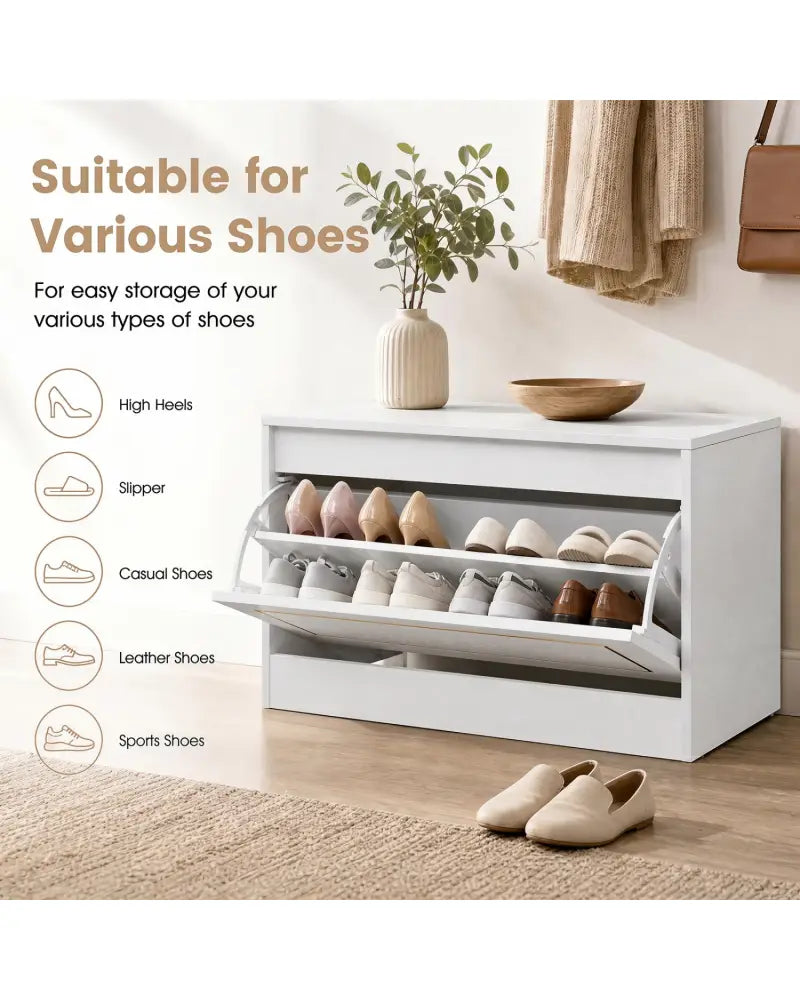 Narrow Shoe Cabinet with 1 Flip Drawer and Adjustable Shelf for Hallway-White - White - Shoe Racks & Storage Benches