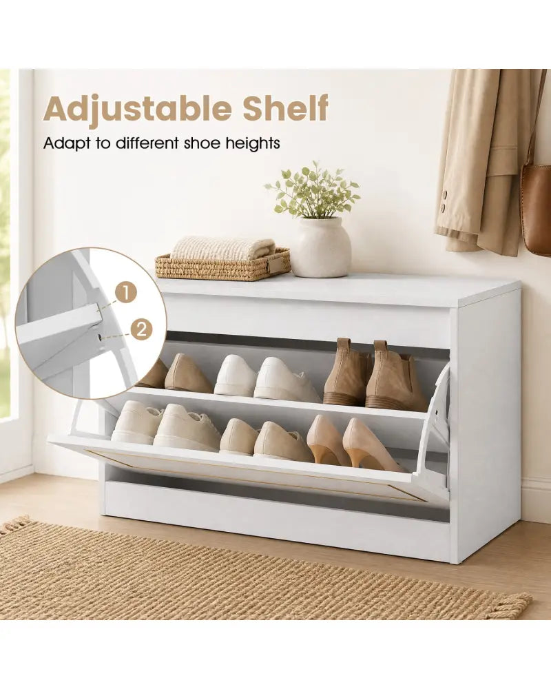 Narrow Shoe Cabinet with 1 Flip Drawer and Adjustable Shelf for Hallway-White - White - Shoe Racks & Storage Benches