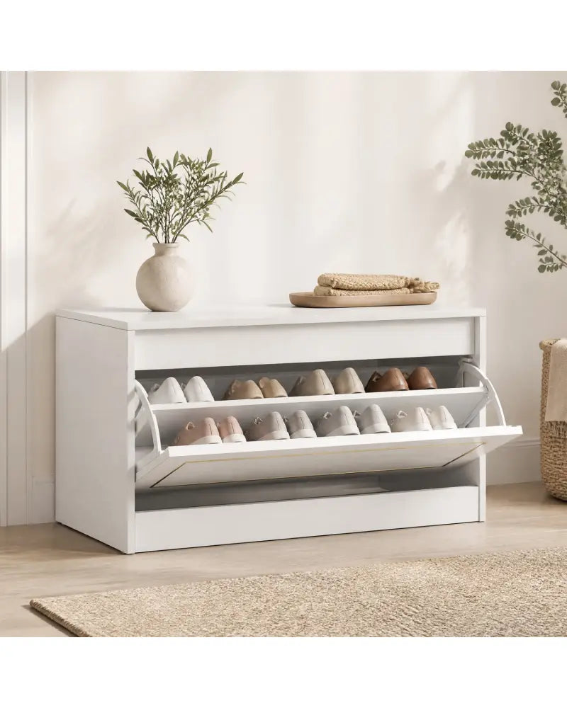Narrow Shoe Cabinet with 1 Flip Drawer and Adjustable Shelf for Hallway-White - White - Shoe Racks & Storage Benches