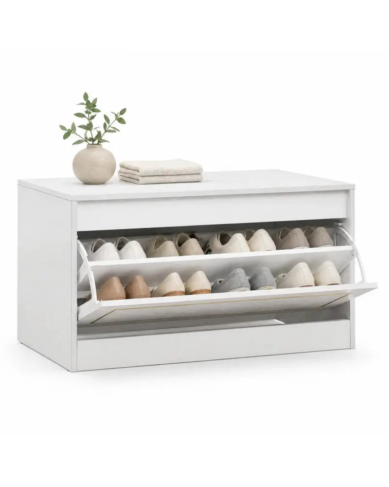Narrow Shoe Cabinet with 1 Flip Drawer and Adjustable Shelf for Hallway-White - White - Shoe Racks & Storage Benches