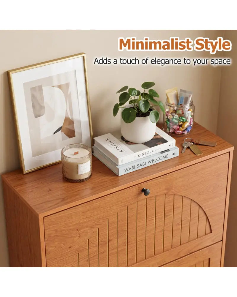 Narrow Shoe Cabinet with Adjustable and Removable Shelves for Entryway Foyer-Oak - Oak - Shoe Racks & Storage Benches