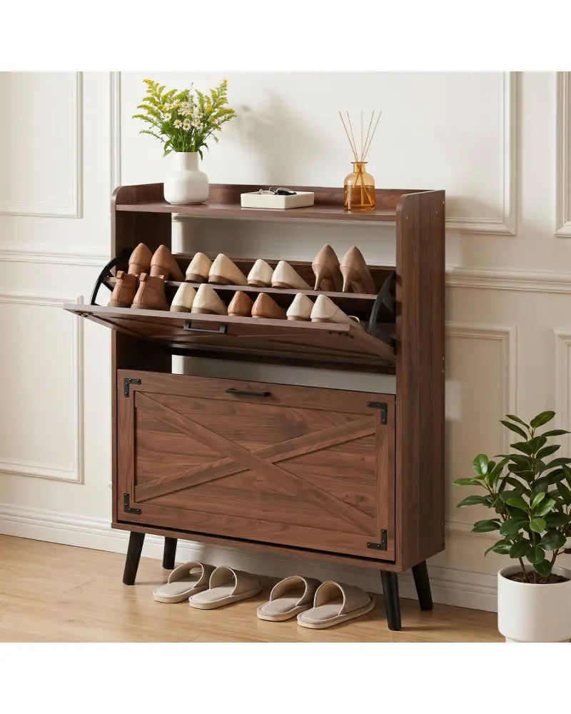 Narrow Shoe Cabinet with Adjustable and Removable Shelves for Entryway-Brown - Brown - Shoe Racks & Storage Benches