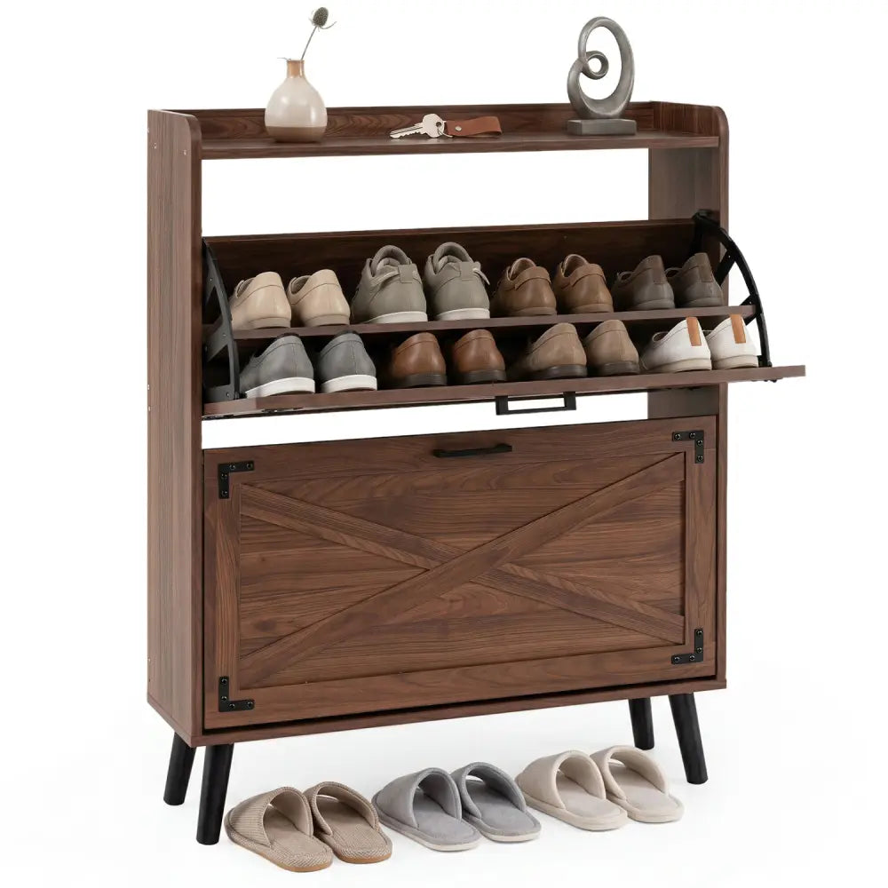Narrow Shoe Cabinet with Adjustable and Removable Shelves for Entryway-Brown - Brown - Shoe Racks & Storage Benches