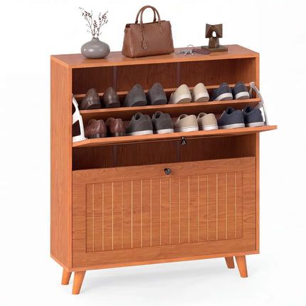 Narrow Shoe Cabinet with Adjustable and Removable Shelves for Entryway Foyer-Oak - Oak - Shoe Racks & Storage Benches