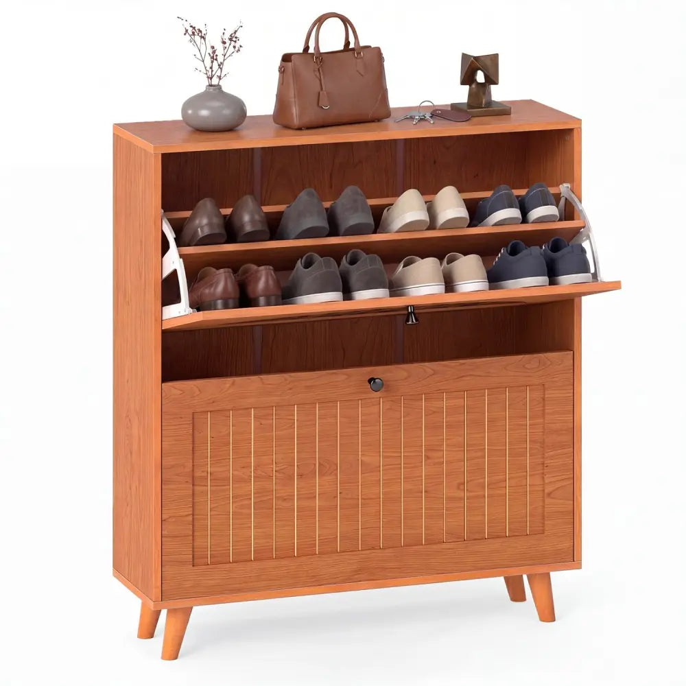 Narrow Shoe Cabinet with Adjustable and Removable Shelves for Entryway Foyer-Oak - Oak - Shoe Racks & Storage Benches