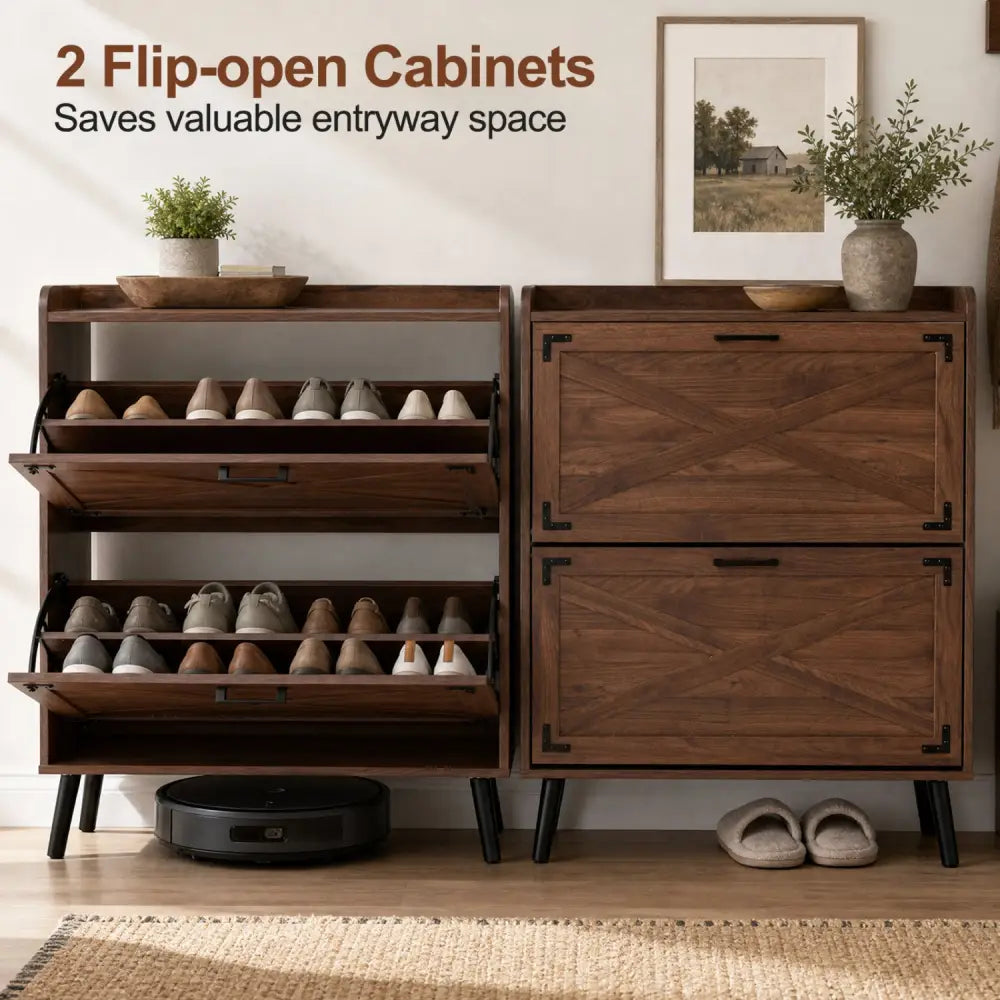 Narrow Shoe Cabinet with Adjustable and Removable Shelves for Entryway-Brown - Brown - Shoe Racks & Storage Benches
