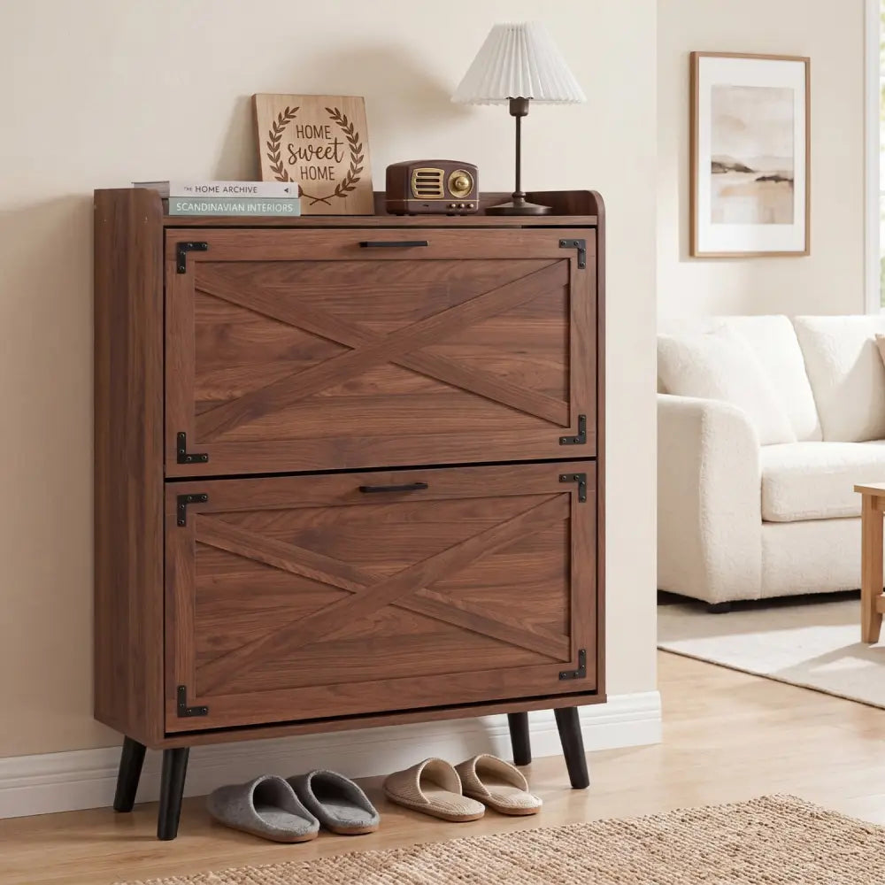 Narrow Shoe Cabinet with Adjustable and Removable Shelves for Entryway-Brown - Brown - Shoe Racks & Storage Benches