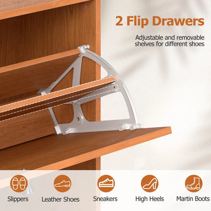 Narrow Shoe Cabinet with Adjustable and Removable Shelves for Entryway Foyer-Oak - Oak - Shoe Racks & Storage Benches