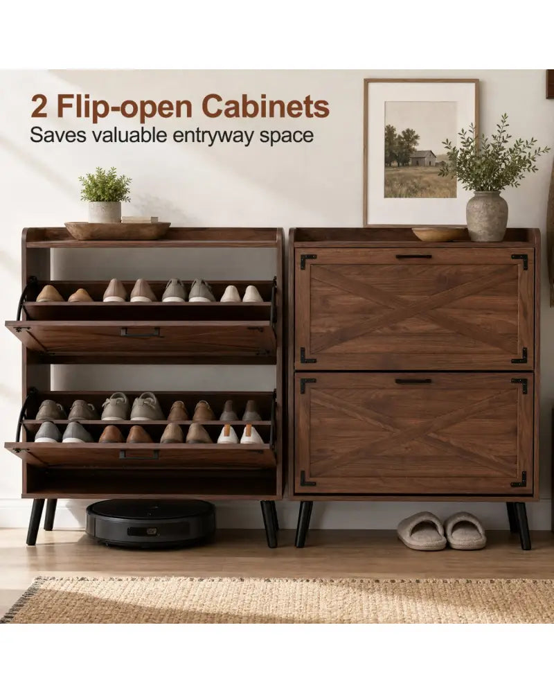 Narrow Shoe Cabinet with Adjustable and Removable Shelves for Entryway-Brown - Brown - Shoe Racks & Storage Benches