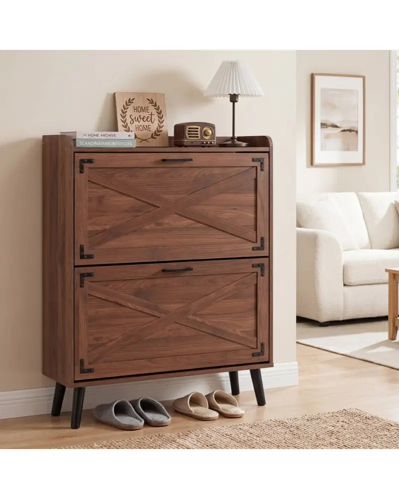 Narrow Shoe Cabinet with Adjustable and Removable Shelves for Entryway-Brown - Brown - Shoe Racks & Storage Benches