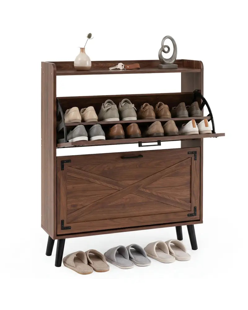 Narrow Shoe Cabinet with Adjustable and Removable Shelves for Entryway-Brown - Brown - Shoe Racks & Storage Benches