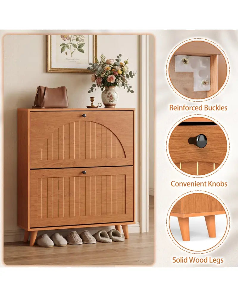 Narrow Shoe Cabinet with Adjustable and Removable Shelves for Entryway Foyer-Oak - Oak - Shoe Racks & Storage Benches