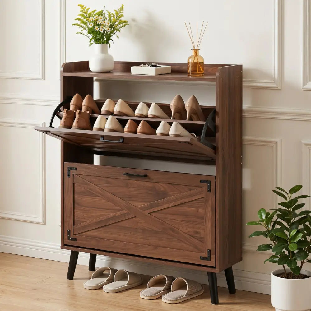 Narrow Shoe Cabinet with Adjustable and Removable Shelves for Entryway-Brown - Brown - Shoe Racks & Storage Benches