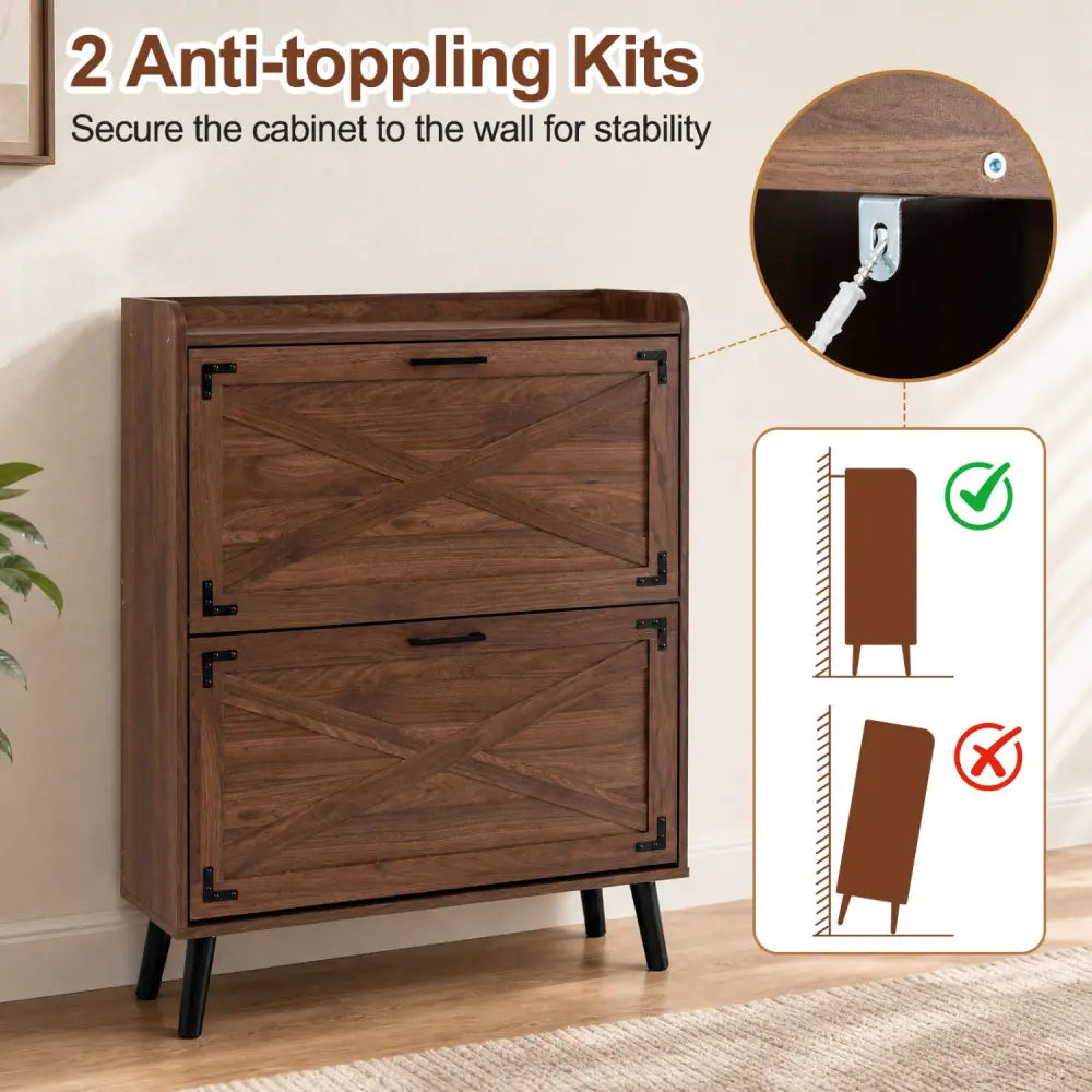 Narrow Shoe Cabinet with Adjustable and Removable Shelves for Entryway-Brown - Brown - Shoe Racks & Storage Benches