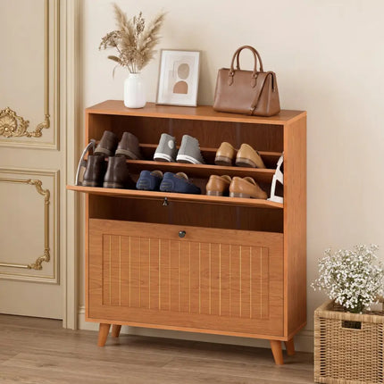 Narrow Shoe Cabinet with Adjustable and Removable Shelves for Entryway Foyer-Oak - Oak - Shoe Racks & Storage Benches