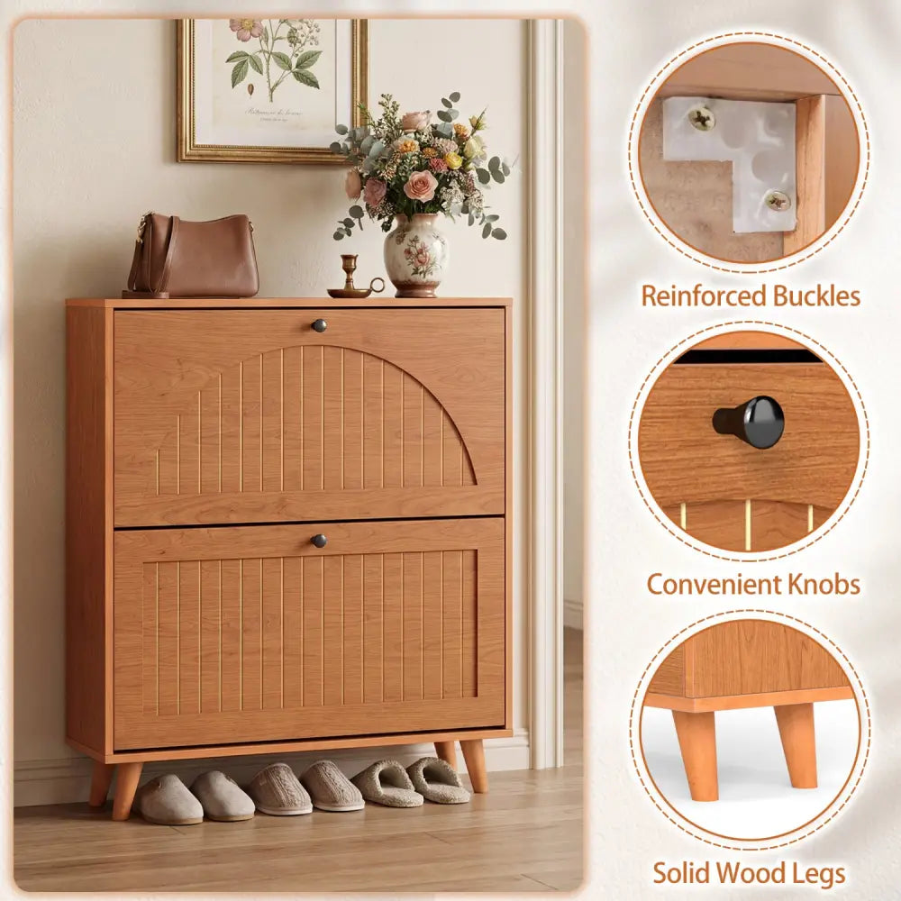 Narrow Shoe Cabinet with Adjustable and Removable Shelves for Entryway Foyer-Oak - Oak - Shoe Racks & Storage Benches
