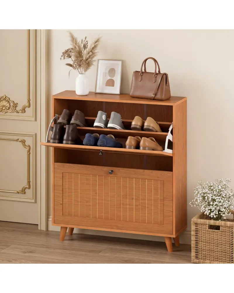 Narrow Shoe Cabinet with Adjustable and Removable Shelves for Entryway Foyer-Oak - Oak - Shoe Racks & Storage Benches